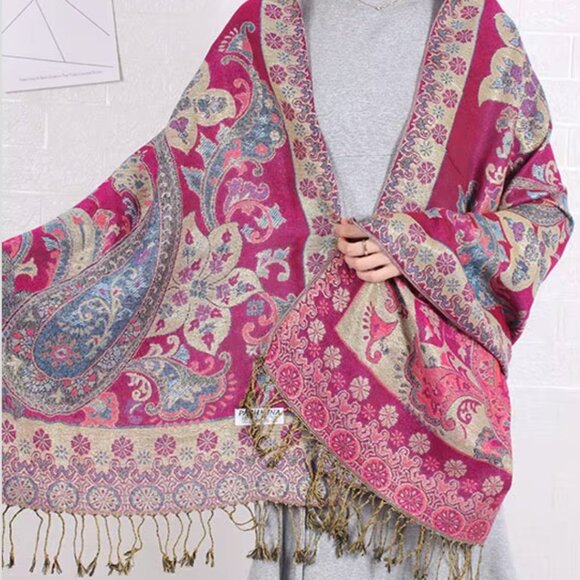 Sparkling Metallic Pashmina Scarf, Bright Pink Gold Shinny Shawl Wraps for Women - Picture 1 of 3